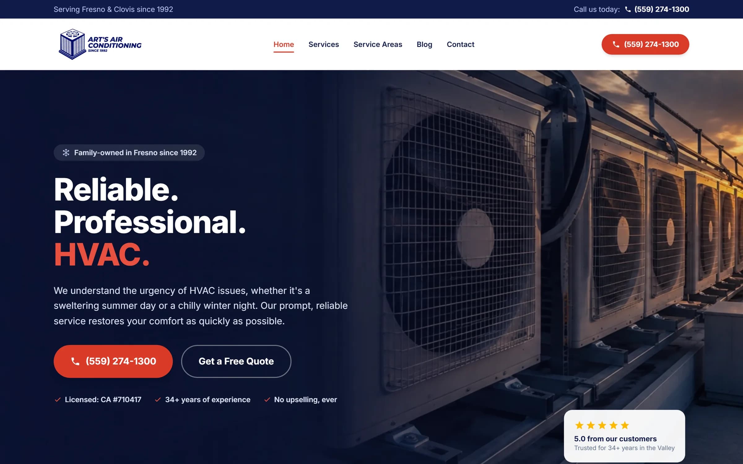 Art's Air Conditioning home page, with the headline Reliable. Professional. HVAC. over a row of rooftop AC units