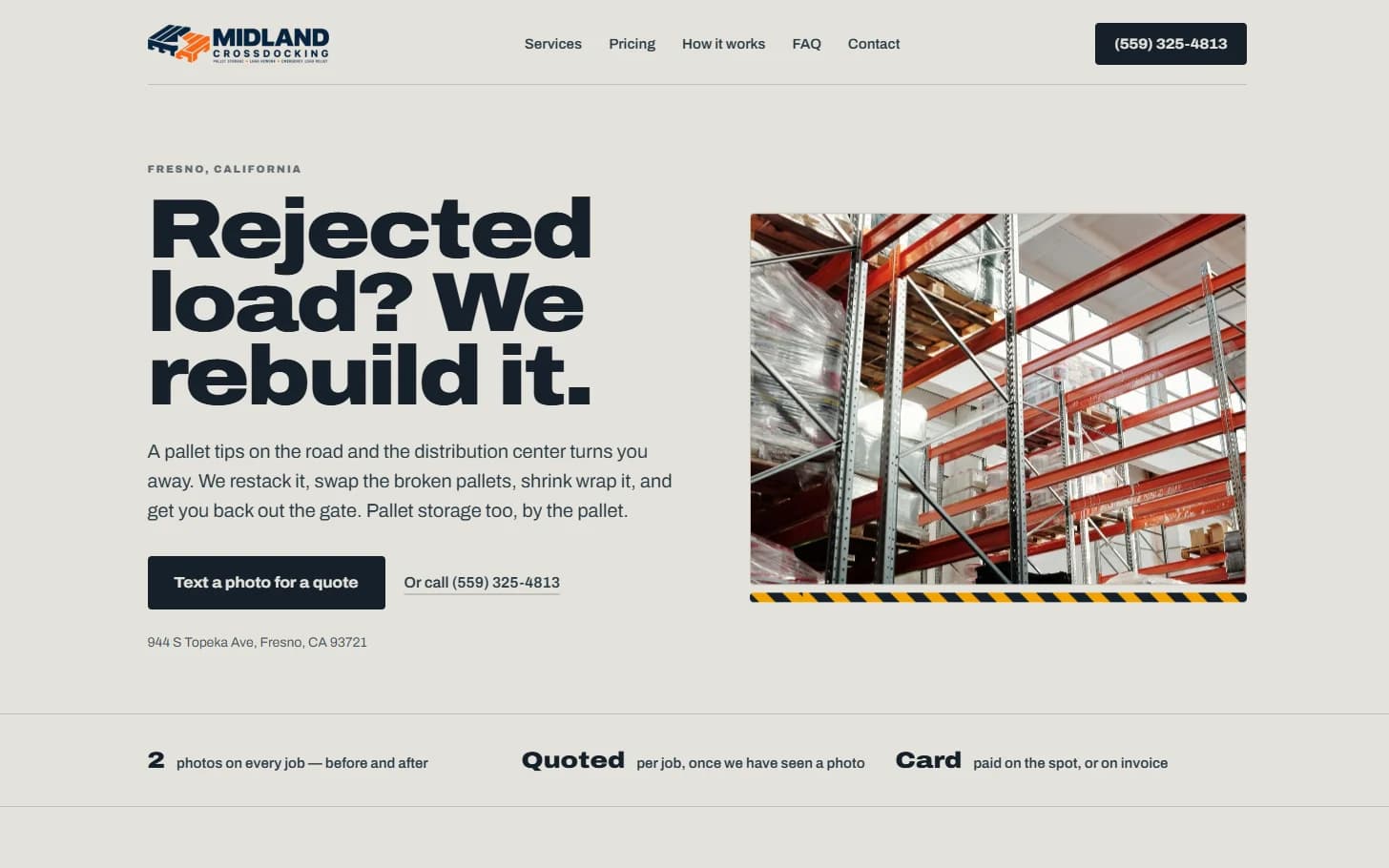 Midland Crossdocking home page, with the headline Rejected load? We rebuild it. beside a photo of pallet racking in the warehouse