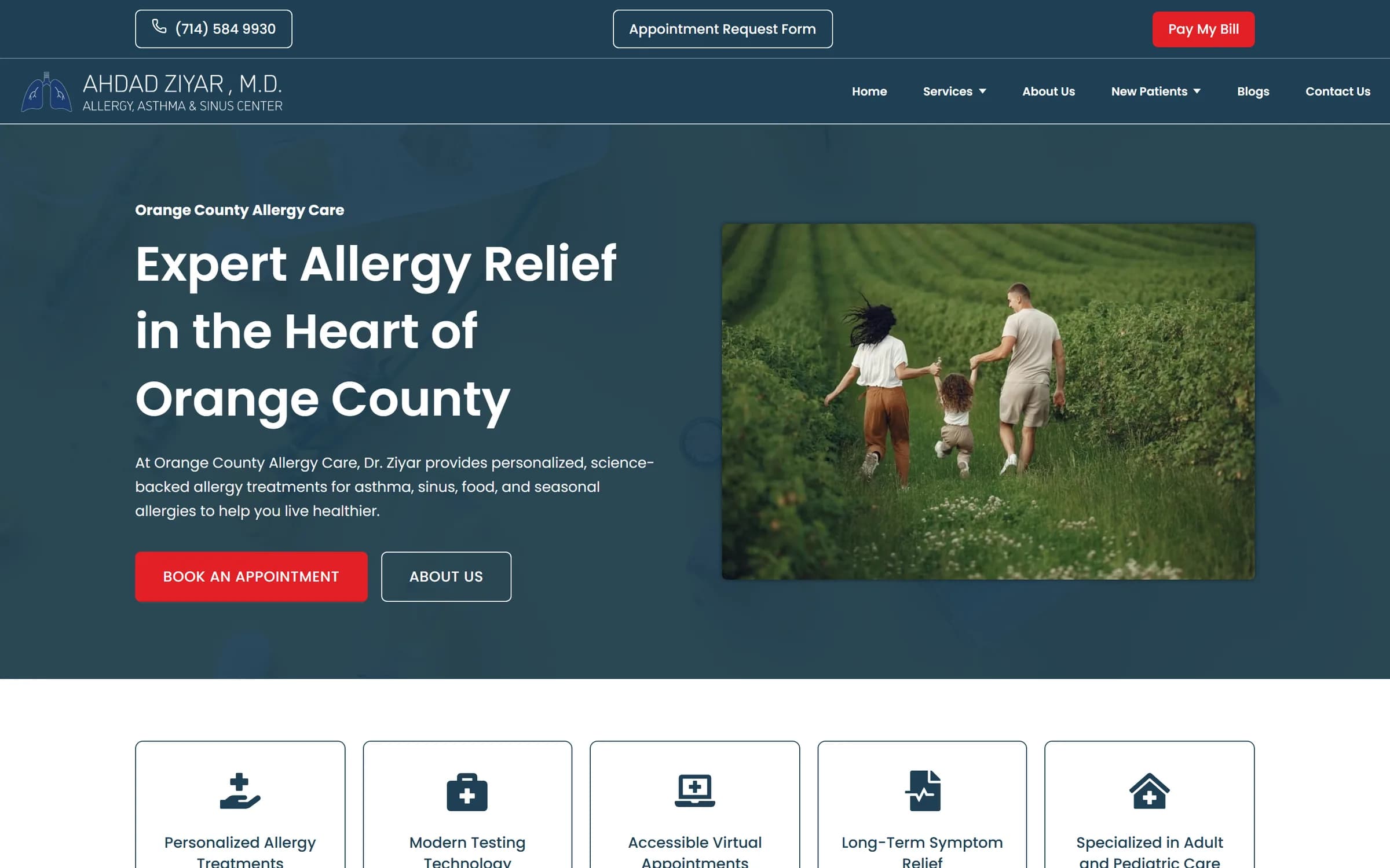 Ahdad Ziyar, M.D. home page, with the headline Expert Allergy Relief in the Heart of Orange County beside a photo of a family outdoors